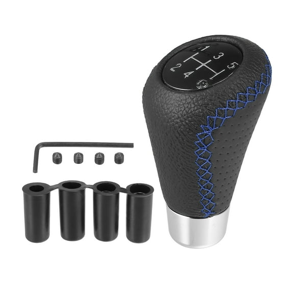 Black Universal 5 Speed Car Gear Lever Shifter Manual Stick Shift Knob PU Leather with Hole Blue Stitches
