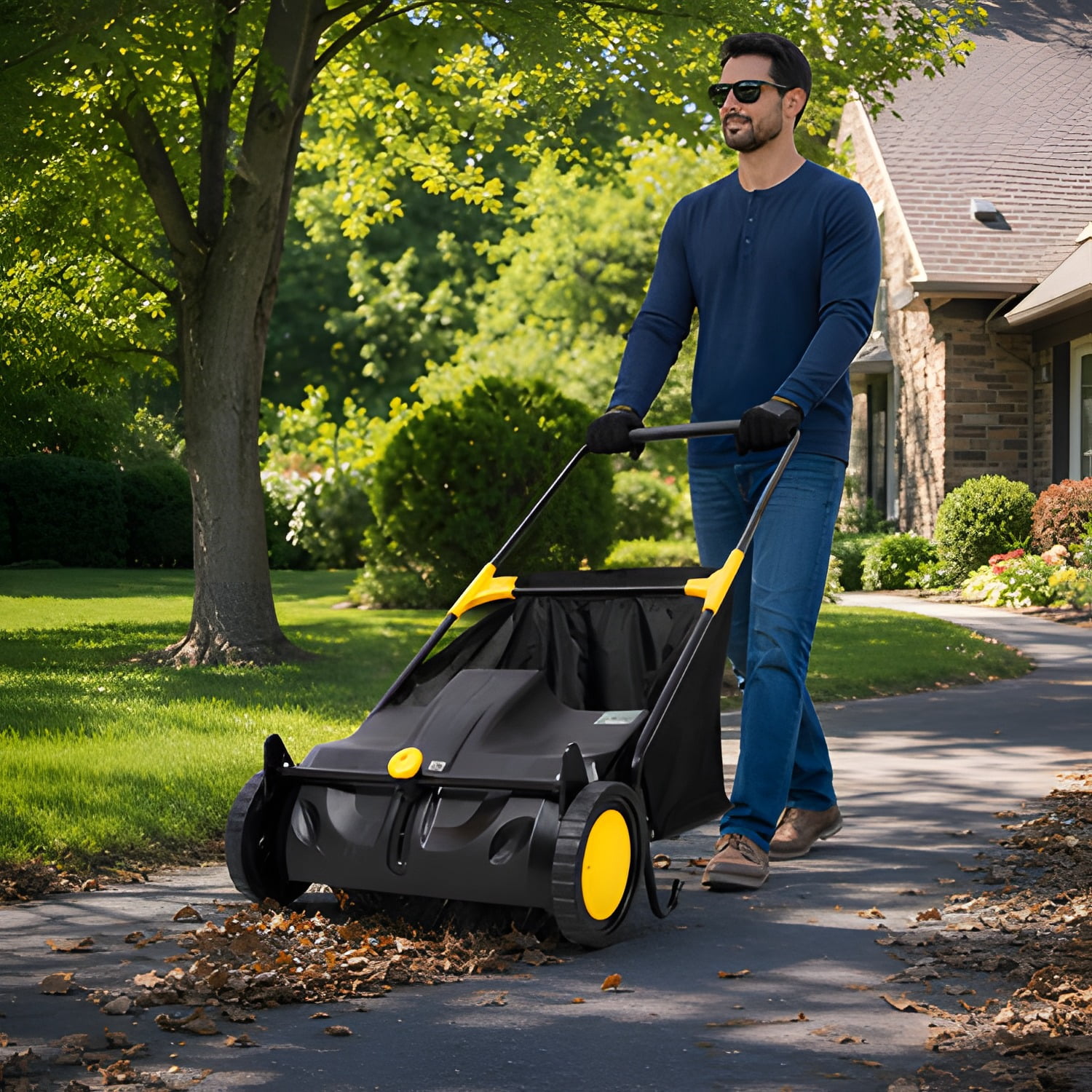 Hand Push Lawn Sweeper, 21 Inch Leaf & Grass Collector 3.5 cu. ft Hopper Bag Capacity. with Adjustable Brush Height
