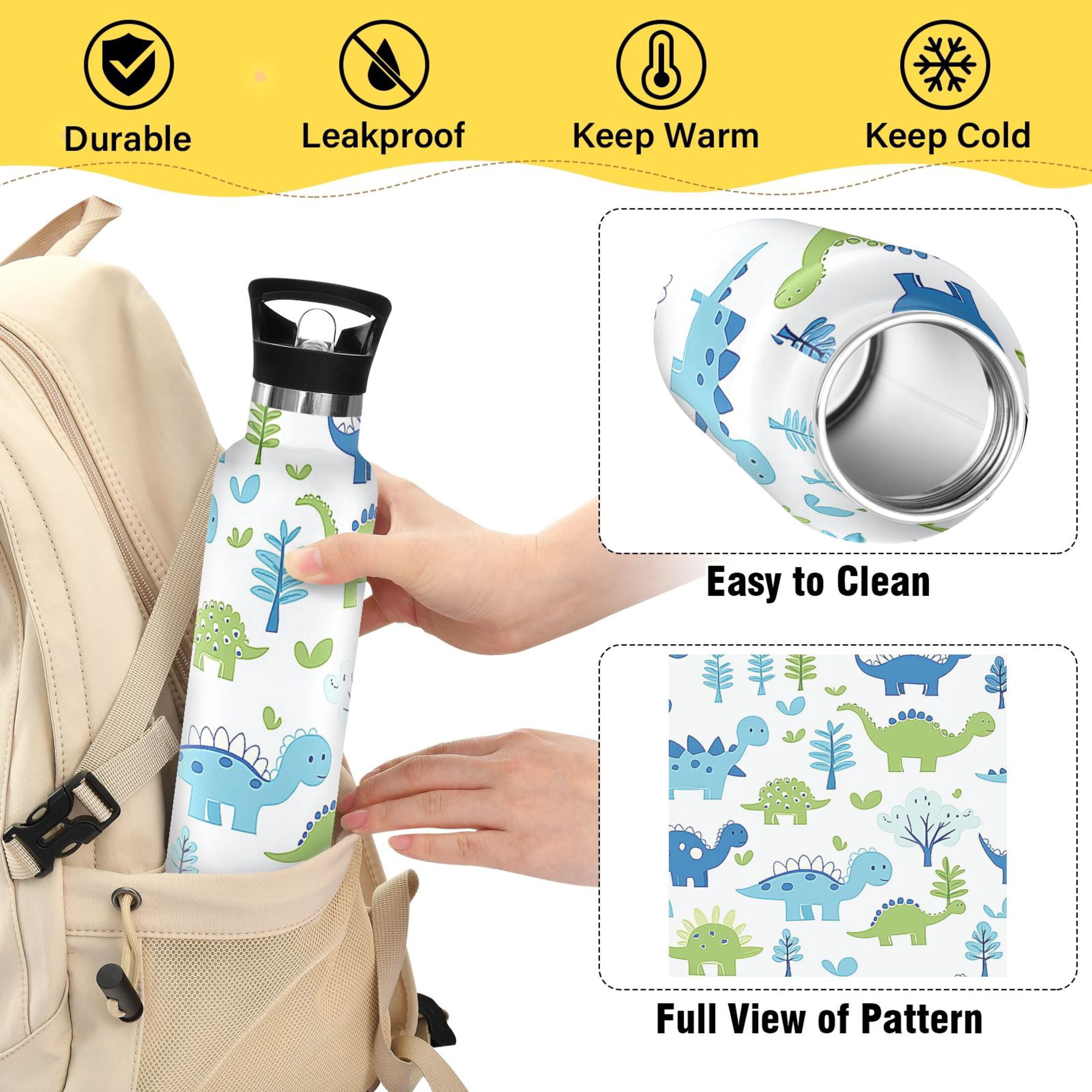 Kids Insulated Stainless Steel Sports Water Bottle 600ml (20oz), BPA-Free Adorable Ccartoon Dinosaur