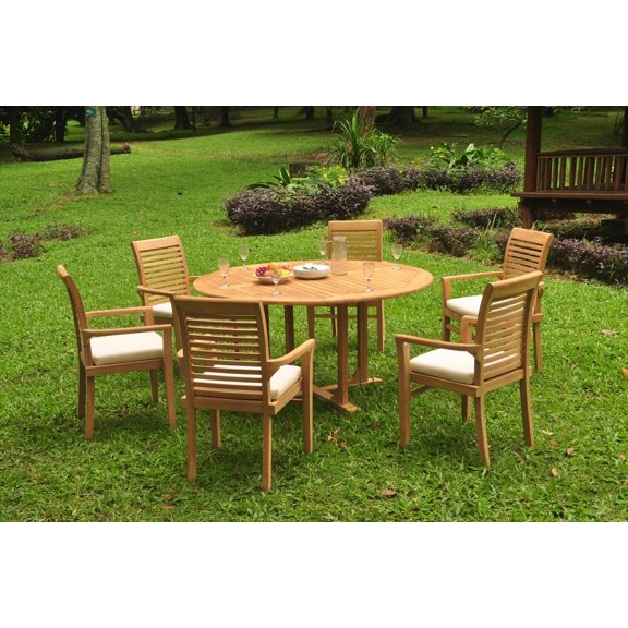 Grade-A Teak Dining Set: 6 Seater 7 Pc: 60" Round Table And 6 Mas Stacking Arm Chairs Outdoor Patio WholesaleTeak #WMDSMS11