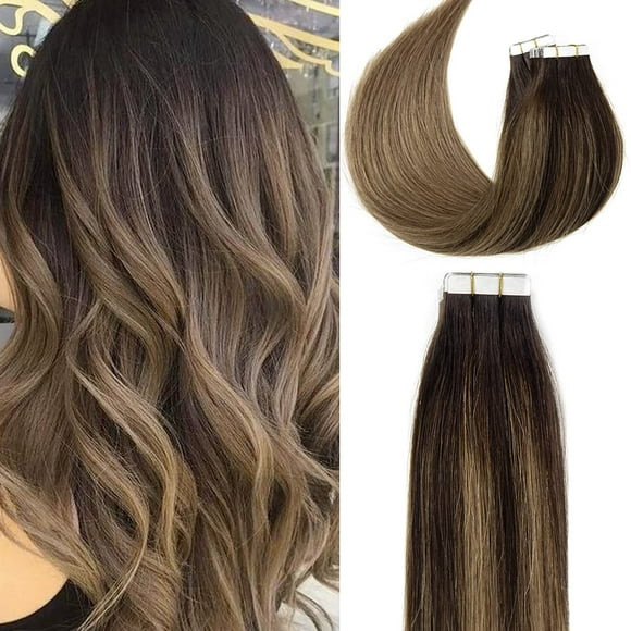 Lacerhair Tape in Human Hair Extensions Natural Remy Hair Extensions Dip Dyed Balayage Seamless PU Skin Weft 100% Real Virgin Hair Ombre Darkest Brown Color Double Side 50g 20pcs/set (14 inch, B#2/6)