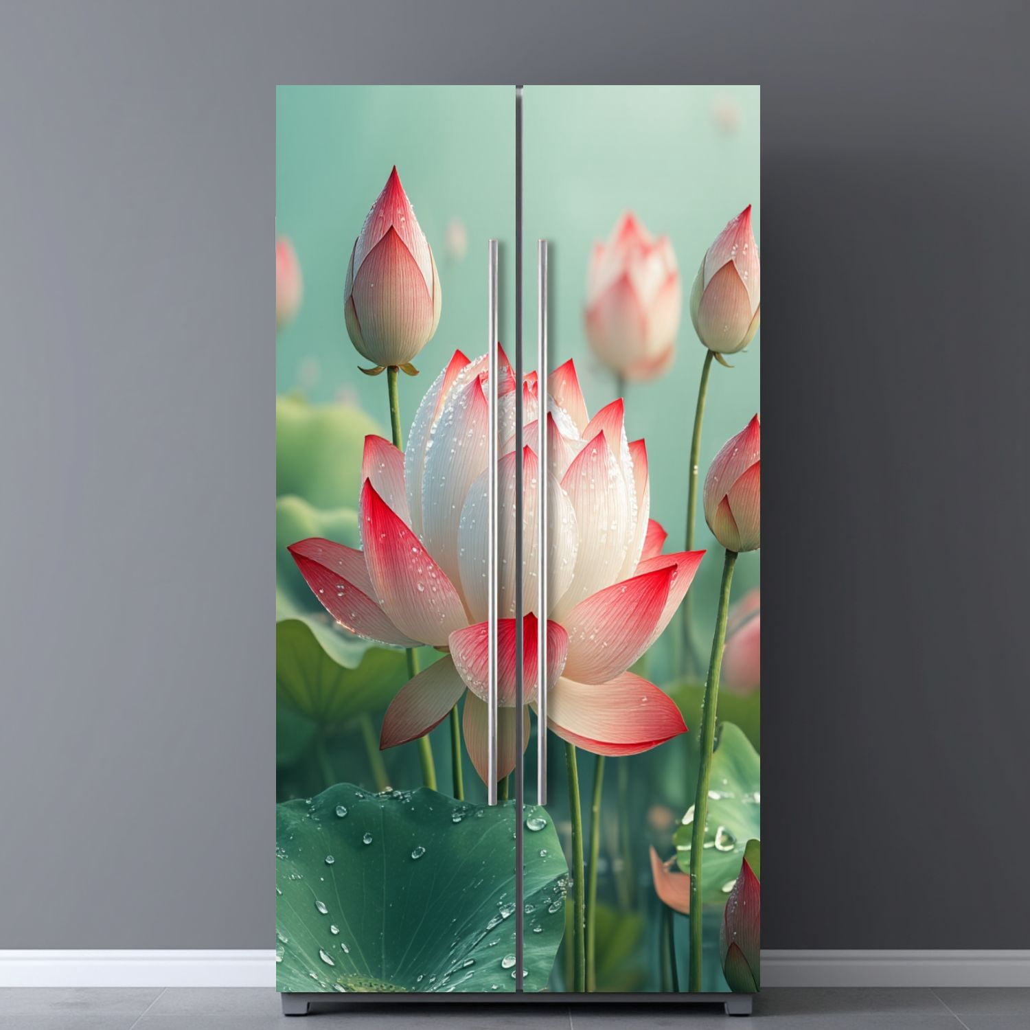 Self Adhesive Vinyl Refrigerator Wrap Set Lotus Flower Bloom Pink White Spiritual Calm Water Garden Door Mural Removable Fridge Sticker Peel and Stick&nbsp;Full Door Cover Decal Kitchen Bar Decor
