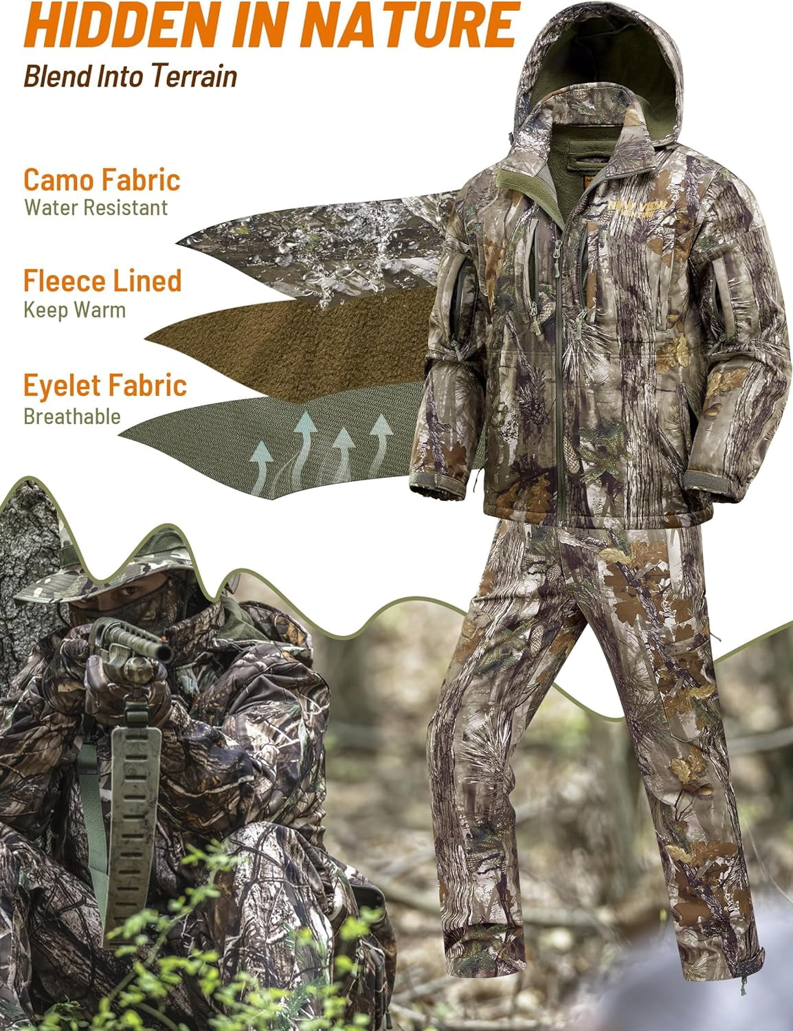 NEW VIEW Camo Hunting Clothes for Men, Winter Warm Hunting Jacket and Pants,Fleece Lined Hunting Suit for Deer Duck Bow Hunts
