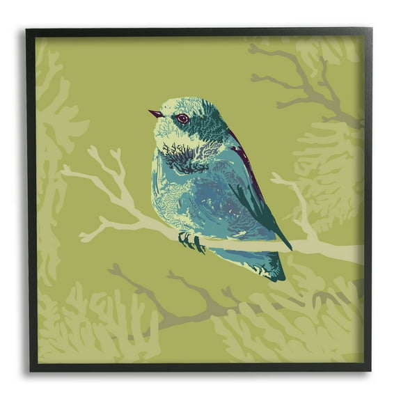 Stupell Industries Small Blue Bird Perched Modern Layered Botanicals Graphic Art Black Framed Art Print Wall Art, Design by Verbrugge Watercolor