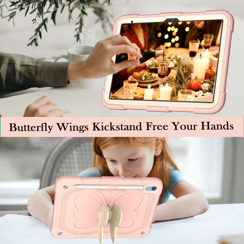 for iPad 10th/11th Generation 2022/2025(A16) Case with Butterfly Kickstand Wings Heavy Duty for iPad 10th Case 10.9'' Pencil Holder Shockproof Protective Cover Kids Girls for iPad 11th 11''，Pink