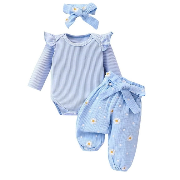 Coming Home Outfit Girl Newborn Fall 3 Piece Cotton Pants Set Flutter Long Sleeve Romper Printed Trousers with Headband, Sky Blue, 1 Years