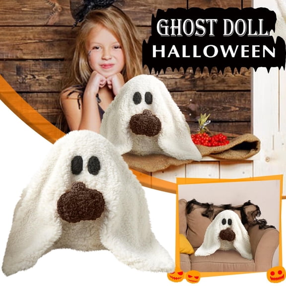 Halloween Ghost Throw Pillow with Pumpkin, Cozy Sherpa Plush Figure, Fall Decorative Cushion for Sofa, Shelf and Entryway