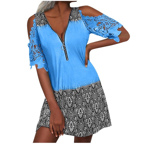 Summer Saving Wycnly Dresses for Women 2024 Summer Short Sleeve V-Neck Western Print Casual Mini Sundress Quarter Zip Sexy Lace Trim Cold Shoulder Tunic Tshirt Dresses Blue s Clearance Under $5