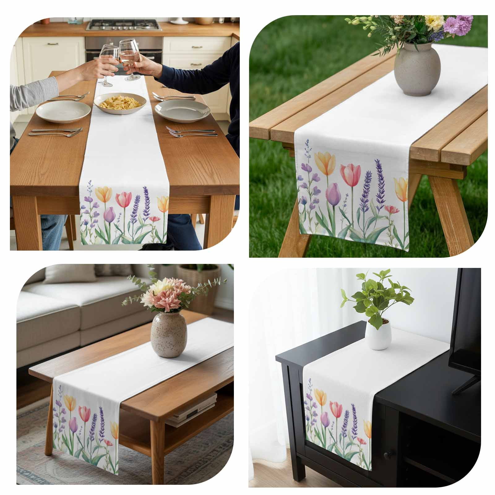 Spring Flower Cotton Linen Table Runner Watercolor Tulip Floral Leaf Botanical Dining Table Runners for Home Decor Party Dining Room Restaurant Kitchen 13" x 90"