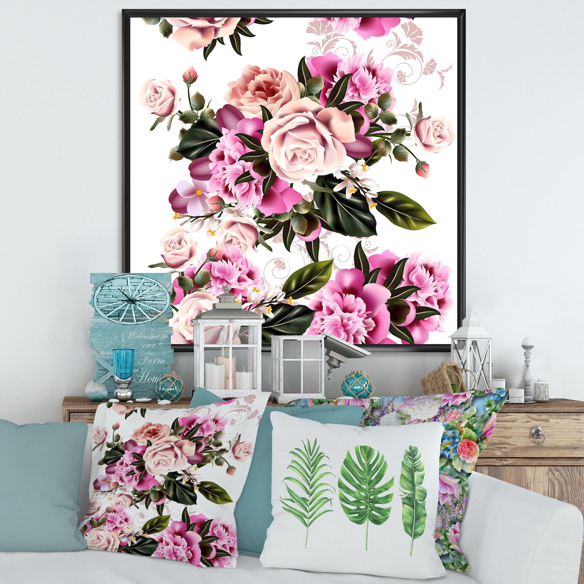 Designart 'Peony Vintage Flowers' Traditional Framed Canvas Wall Art Print