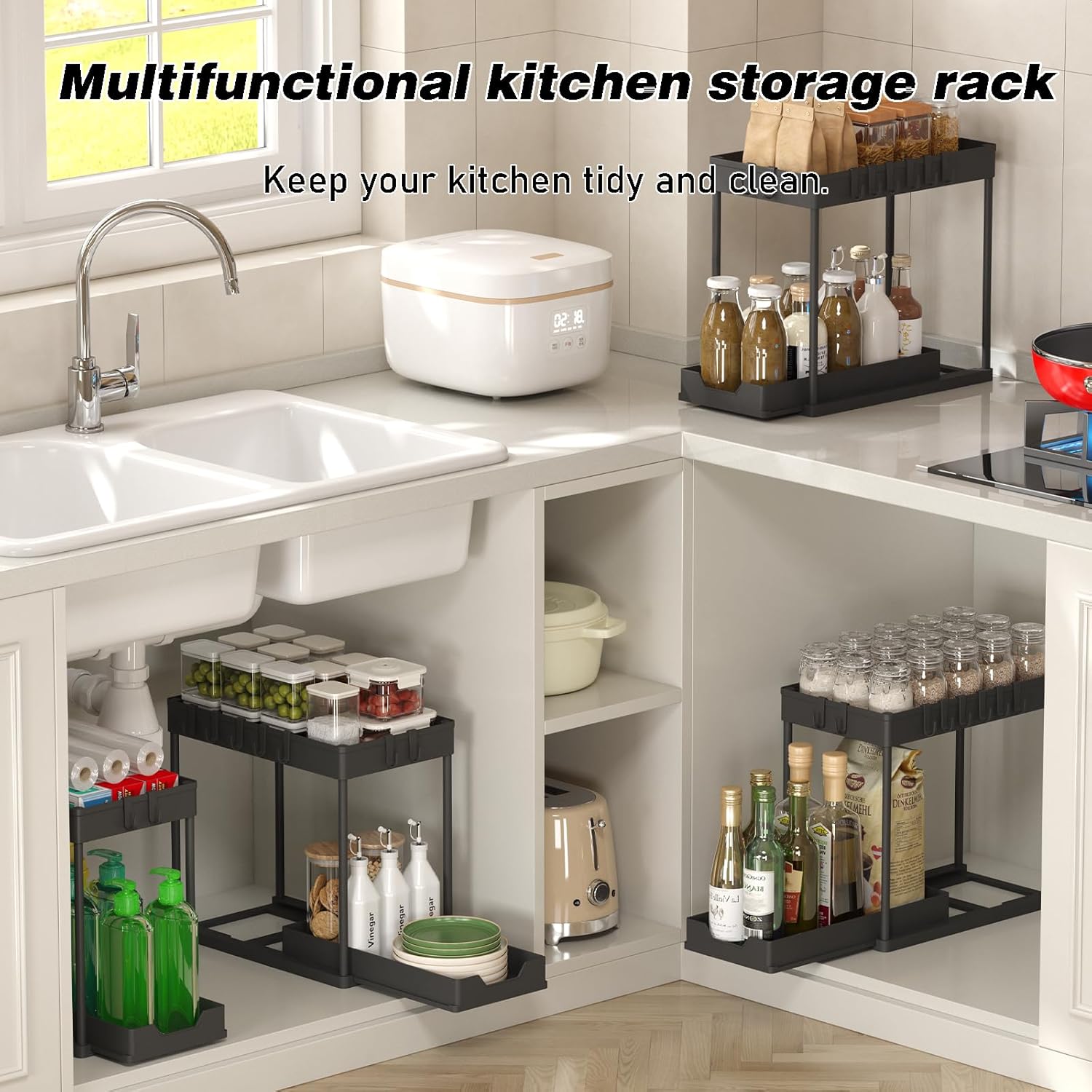 RGHJAR-Under Sink Organizer 2 Pack,Bathroom Under Cabinet Storage with Pull Out Sliding Drawers for Kitchen Organization,12.8 Inch,Black