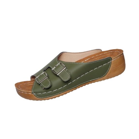 Womens Army Green Slide Sandals Double Buckle Wedge Heel PU Faux Leather Adjustable Comfort Sandals Casual Open Toe,Size 8.5