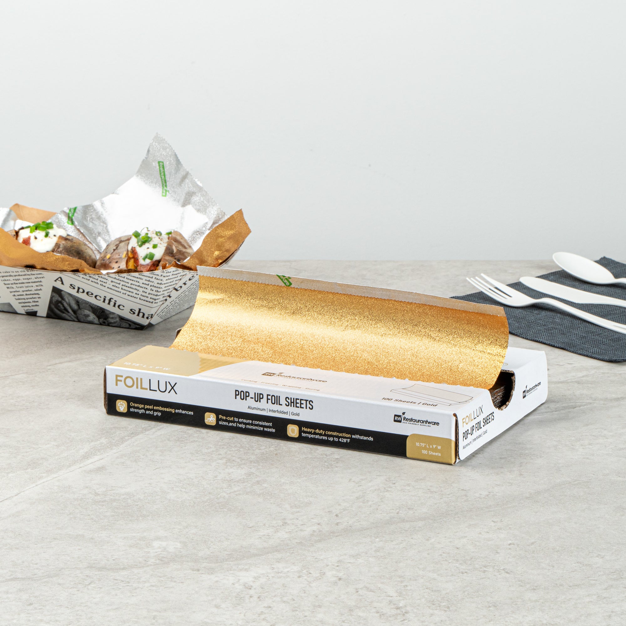 Foil Lux Foodservice Gold Aluminum Foil Pop-Up Sheet - Interfolded, Embossed - 10 3/4" x 9" - 2000 count box