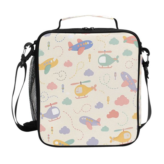 Square Insulated Lunch Bag Reusable Thermal Lunch Box Tote Cooler Bag with Side Mesh Pocket Cute Airplane Pattern