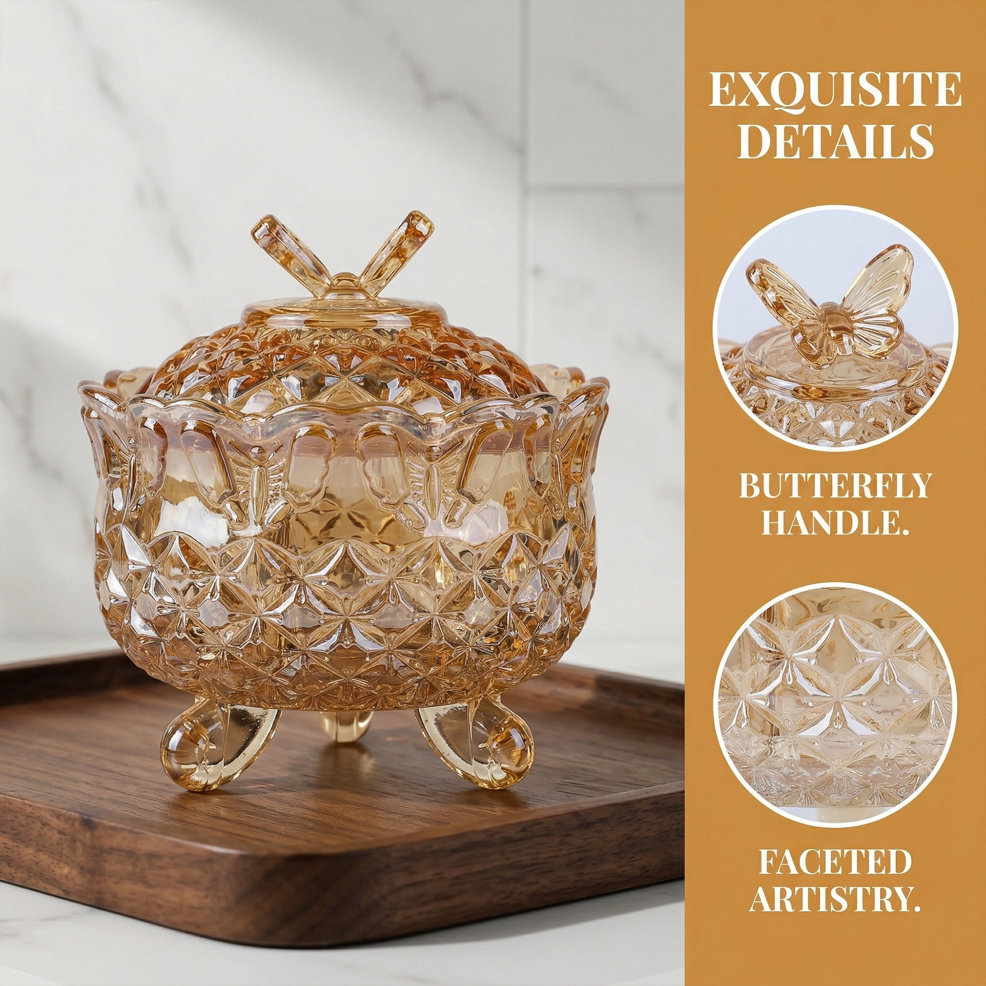 Unique Bargains 8.5oz Crystal Glass Jar with Lid Decorative Dish for Vanity Gold
