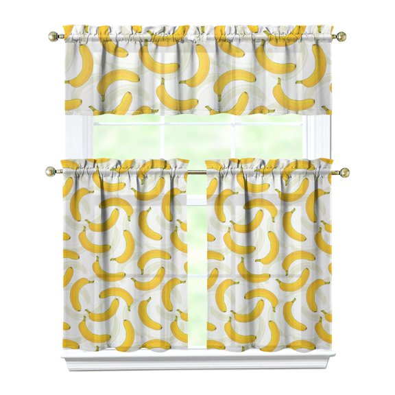 Kitchen Curtains 36 Inch Short - 3 Panel Set Banana Print, Rod Pocket Window Curtains 100% Polyester, Tropical Fruit Valance for Farmhouse, Cafe, Living Room, Bedroom, Easy Wash