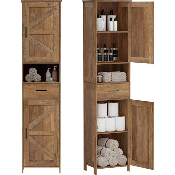 Tall Bathroom Storage Cabinet Freestanding Wooden Pantry Unit Narrow Floor Cabinet Barn Doors Storage Drawer Adjustable Shelves Kitchen Living Room Entryway Rustic Walnut