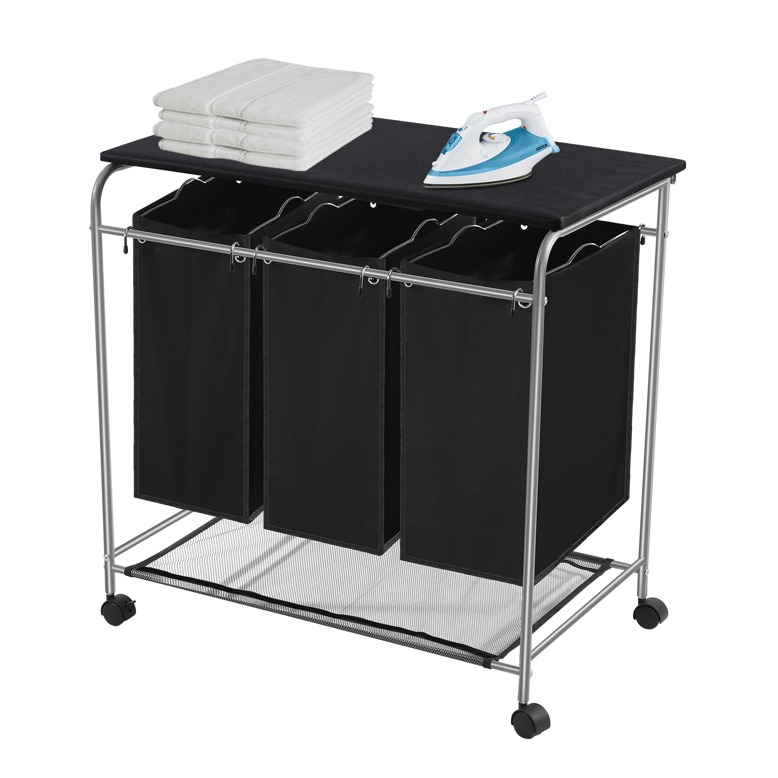 ZXMT 3Bag Laundry Sorter Cart Laundry Bags with Wheels Black Foldable