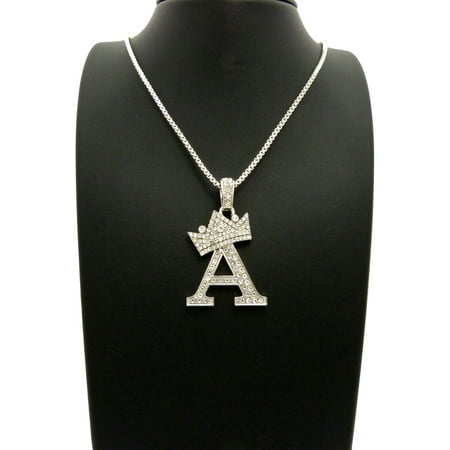 Unisex Silver Plated Iced Out Crown Alphabet Initial Letter 