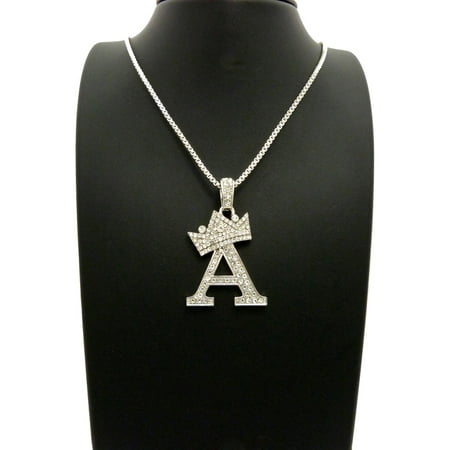 Out Initial Letter - Unisex Silver Plated Iced Out Crown Alphabet Initial Letter