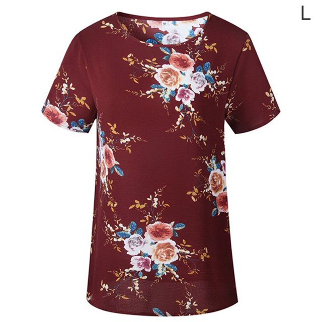 Camiseta de mujer con estampado floral, manga corta, cuello redondo, blusa informal, rojo vino, L Vogacara AP001919-09