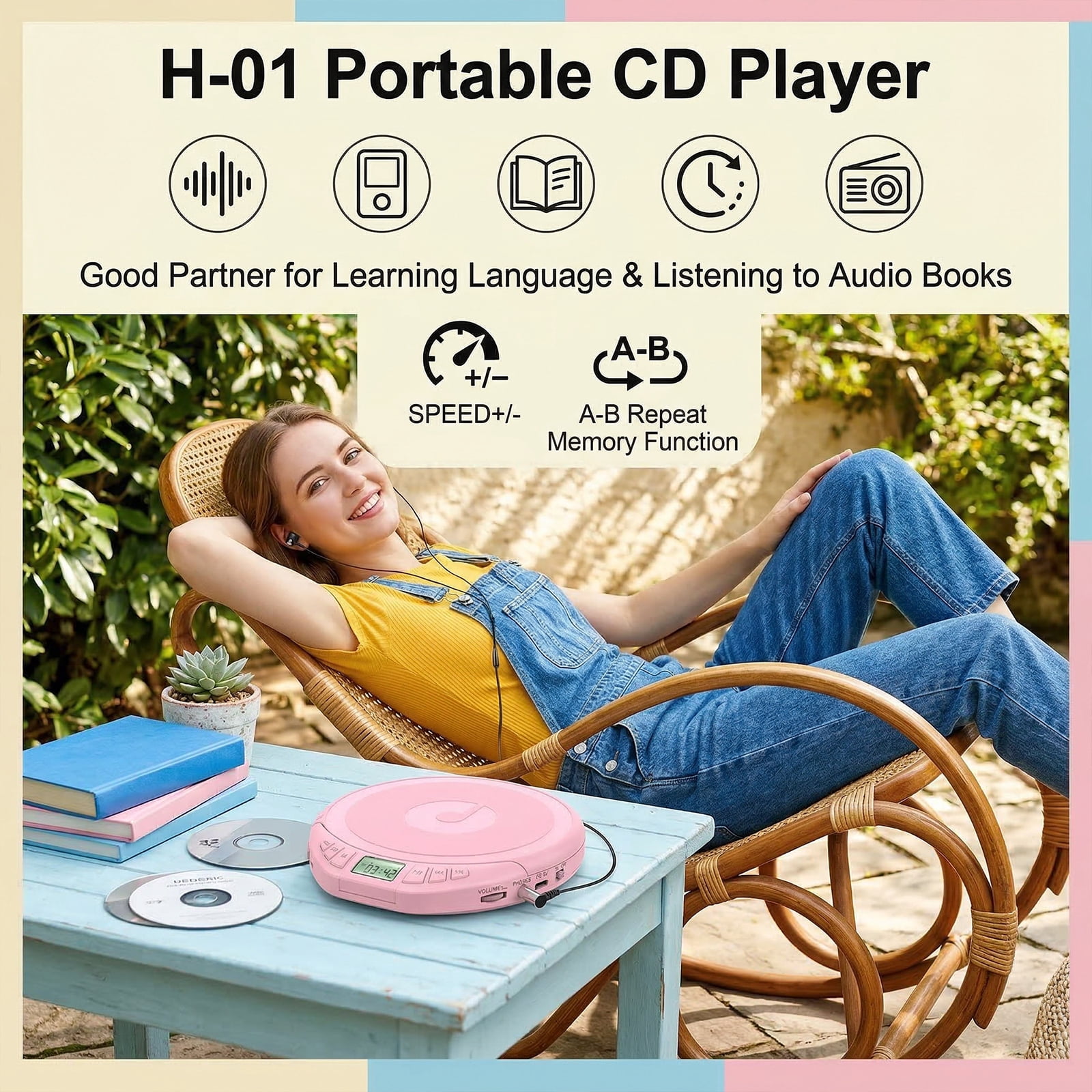 Hotmuscd Portable CD Player with Earphones,CD Discman with Anti-Skip Shockproof Protection,Support PROG Memory Function for Car Home,Pink