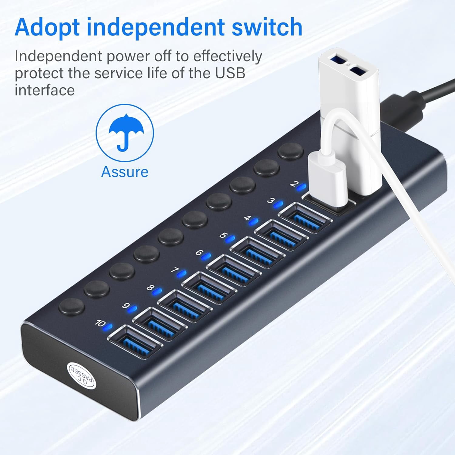 Powered USB Hub, AUBEAMTO Aluminum 10-Port USB 3.0 Hub with 10 USB 3.0 Data Transfer Ports, USB Splitter with Individual Switch and 60W (12V/5A) Power Adapter for Laptop, PC, Computer, Mobile HDD