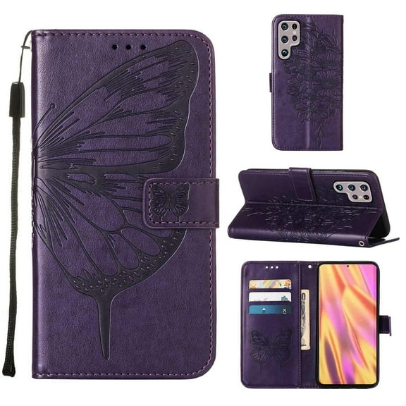 For Samsung Galaxy S22 Ultra 5G Embossed Butterfly Leather Phone Case with Holder & Card Slot & &