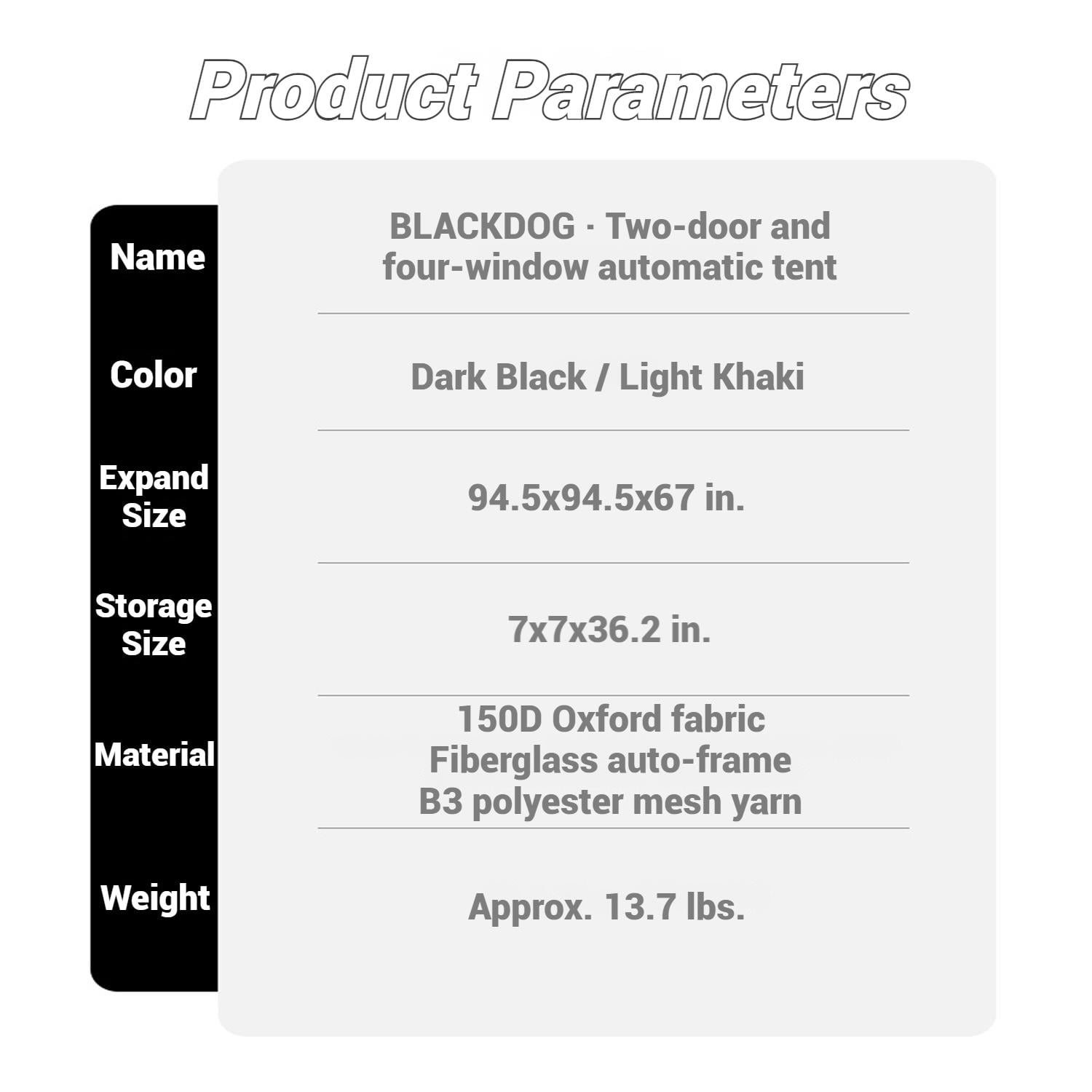 BLACKDOG, Family Camping Tent, Automatic Quick-opening Black Vinyl Coating Tent for 4 people, Easy setup Camping Tent with Two Doors and Four Vent Windows, Waterproof and Sun Protection