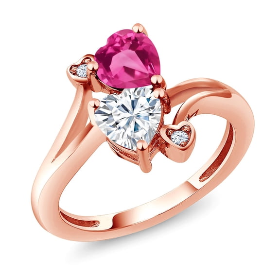 Gem Stone King 18K Rose Gold Plated Silver Pink Created Sapphire White Moissanite Ring for Women (1.63 Cttw, Heart Shape 6MM, Gemstone September Birthstone, Size 7)