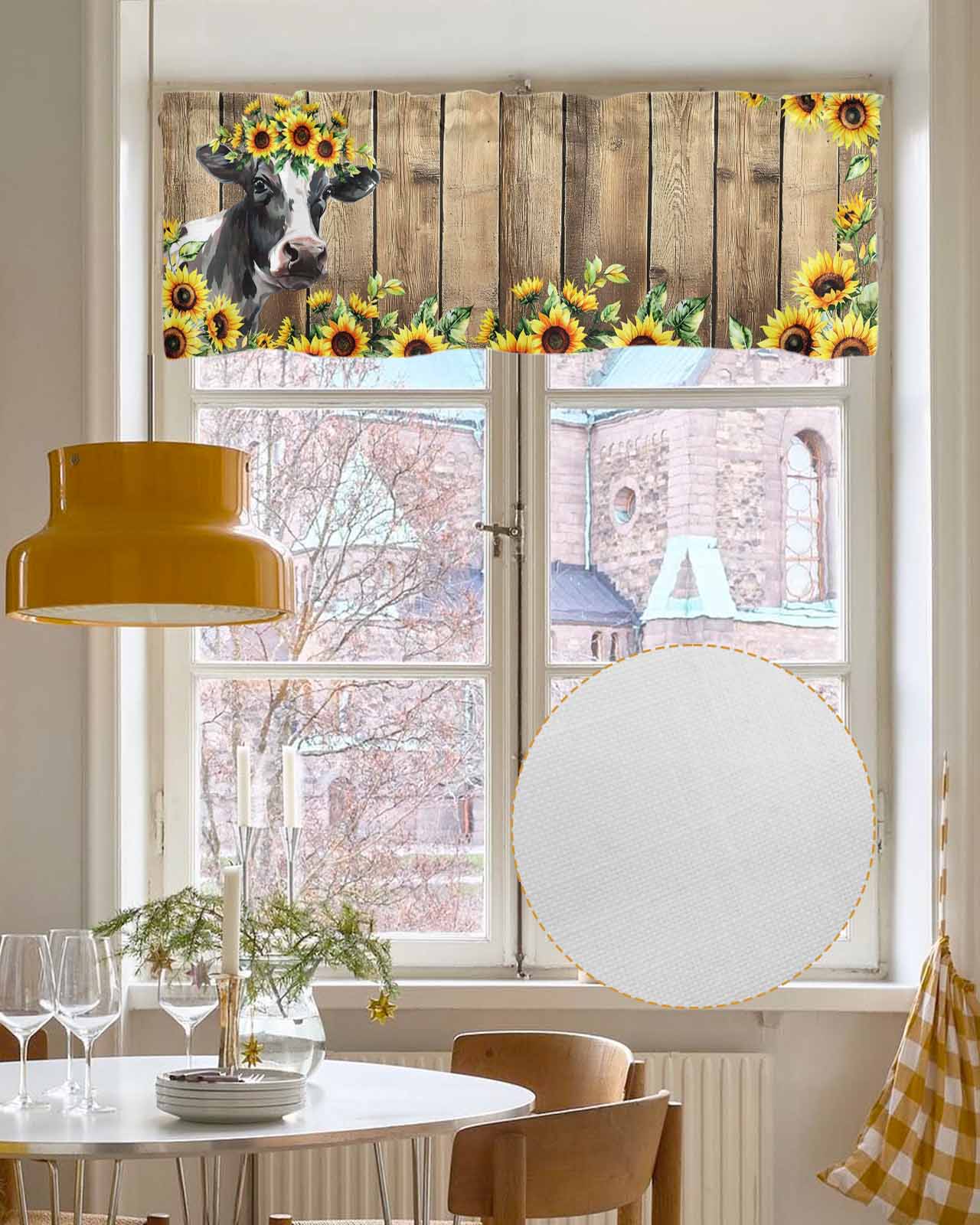 Sunflowers Rustic Kitchen Valances for Windows Farmhouse Linen Window Valance Curtain for Living Room Window Treatment Country Cow Farmhouse Wooden Grain Valance Rod Pocket Topper Drape, 42 x 12 Inch