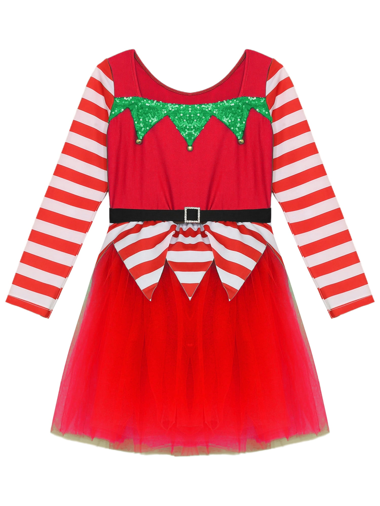 iEFiEL Kids Girls Christmas Elf Dress Long Sleeve Stripes Tutu Dance Dress Leotard Santa Little Helper Outfit Red 6