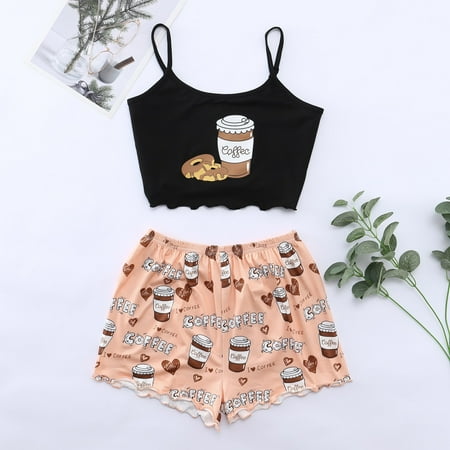 

ZHIYU Womens Suspender Top Shorts Pajama Suit Pattern Printed Two Piece Housewear