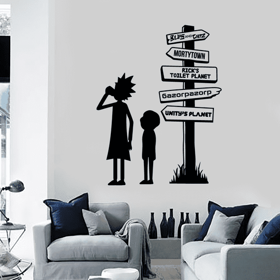 Rick And Morty Silhouette Mortytown Pathway Signage Unity's Planet Rick's Toilet Planet Vinyl Wall Art Sticker Wall Decal Home Kids Room Study Room Boys Room Wall Décoration Design Size (40x24 inch)
