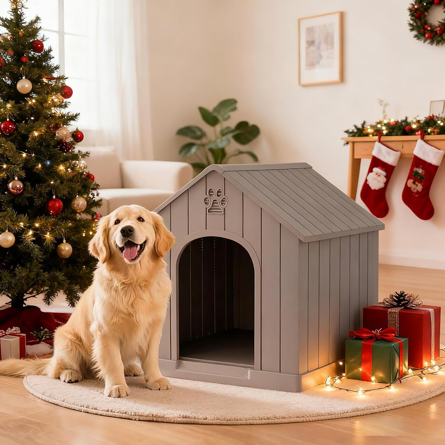 Large Dog House Outdoor Indoor for Medium Large Dogs, Durable Plastic Waterproof Doghouse with Air Vents and Elevated Floor, Easy Clean and Assemble (Light Grey, 36.2''L×38''W×38''H)