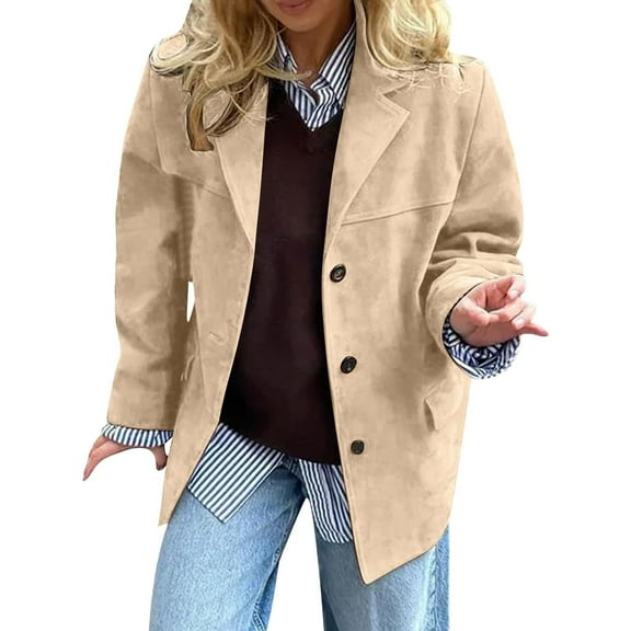 Short Trench Coats for Women Vintage Button Down Blazers Fall Fashion Outwear Coat Khaki L