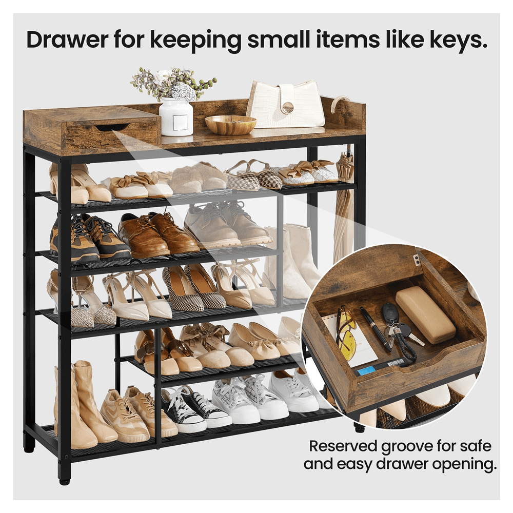 Alden Design 6-Tier Metal Shoes Rack Organizer with Wooden Top for Entryway, Rustic Brown