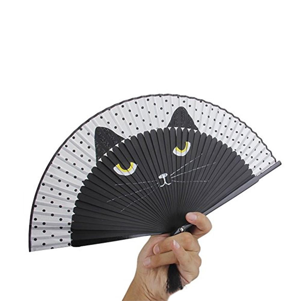 Women Cartoon Cat Folding Silk Fan Handheld Fan Hollow Out Hand Folding Fan S 