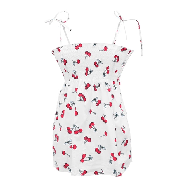 1pc niños cherry estampado vestido de correa vestido casual vestido sin mangas para niñas