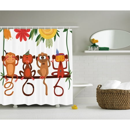Monkeys Calendar - Wise Monkeys Eastern Traditional Calendar Digital Print Fabric Shower Curtain