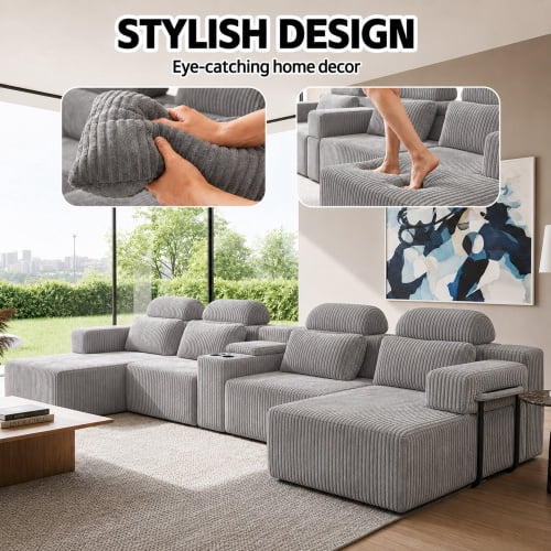 145.7 Inch Oversized U-Shaped Modular Sectional Sofa with Lounge Chaise, Cup Holders & Hidden Storage - Compression Sofa for Home Theater & Luxury Living Room, Gray