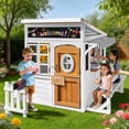 thumbnail image 2 of Multiple Outdoor Wooden Playhouse Cottage with Bench,Dutch Door,Windows,Play Kitchen,Tic-Tac-Toe,Chalkboard,Mailbox,Doorbell,Pet Door Fun Play Backyard Garden Playground, 2 of 23