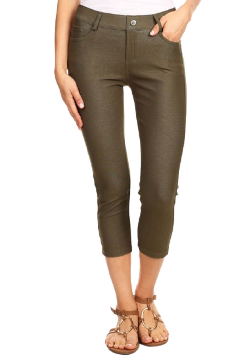 Women's Ultra Soft Classic 5 Pocket Bermuda Shorts / Capris / Full Length Jeggings, Capri, Army