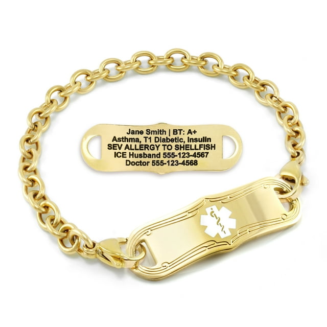 MedicEngraved Yellow Gold Stainless Steel Custom Medical Alert Bracelet - 5mm Oval Link