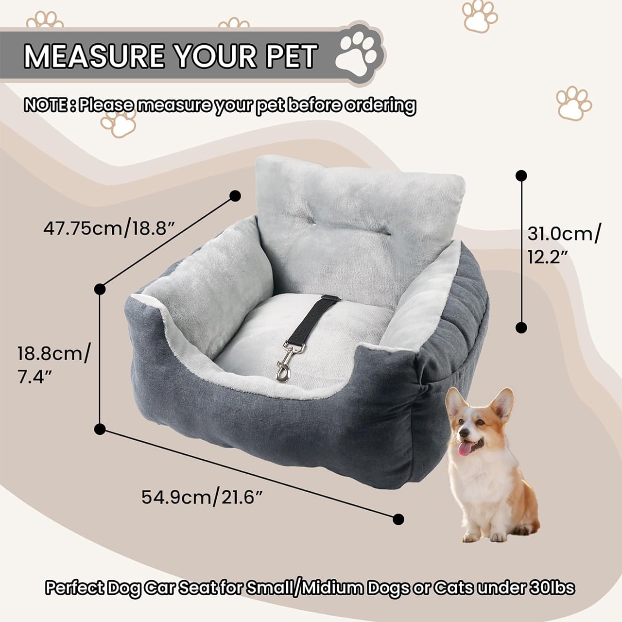 Wataniya Dog Car Seat Bed for Small Dogs, Portable Pet Booster Seat with Soft Cushion, Washable & Non-Slip, Grey