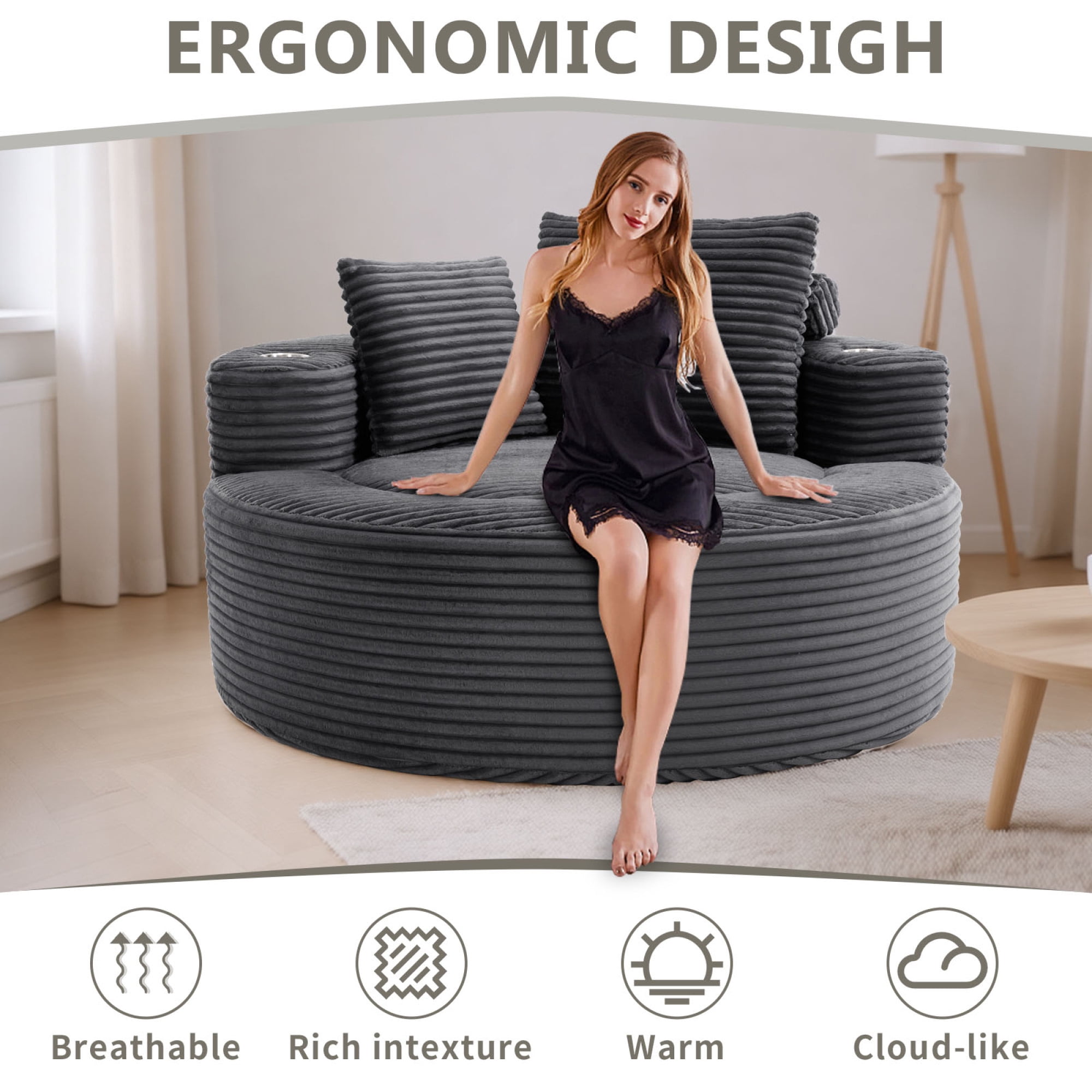 Leumius Oversized Round Chaise Lounge Sofa,Upholstered Lounge Chair with 2 Pillows and Cupholders,Boneless Sofa Couch with Memory Foam,Deep Seat Sleeper Chair for Living Room,No Assembly,Dark Gray