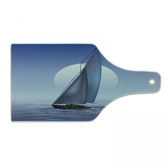 Nautical Cutting Board, Sailing Boat in Moonrise Dramatic Sky Ocean Reflections Wavy Serene Illustration, Tempered Glass Cutting and Serving Board, Wine Bottle Shape, Violet Blue, by Ambesonne