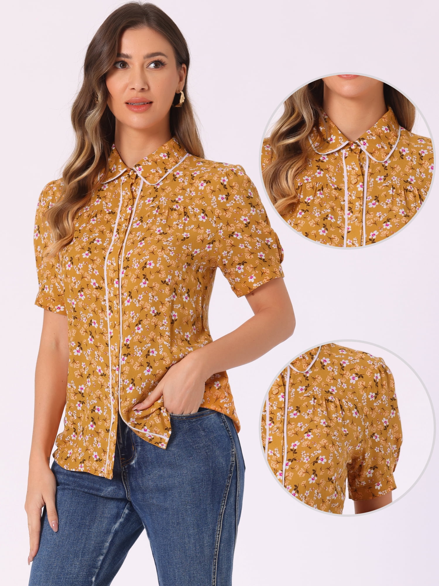 DARING DIVA Women's Peter Pan Collar Puff Sleeve Peasant Blouses M Yellow