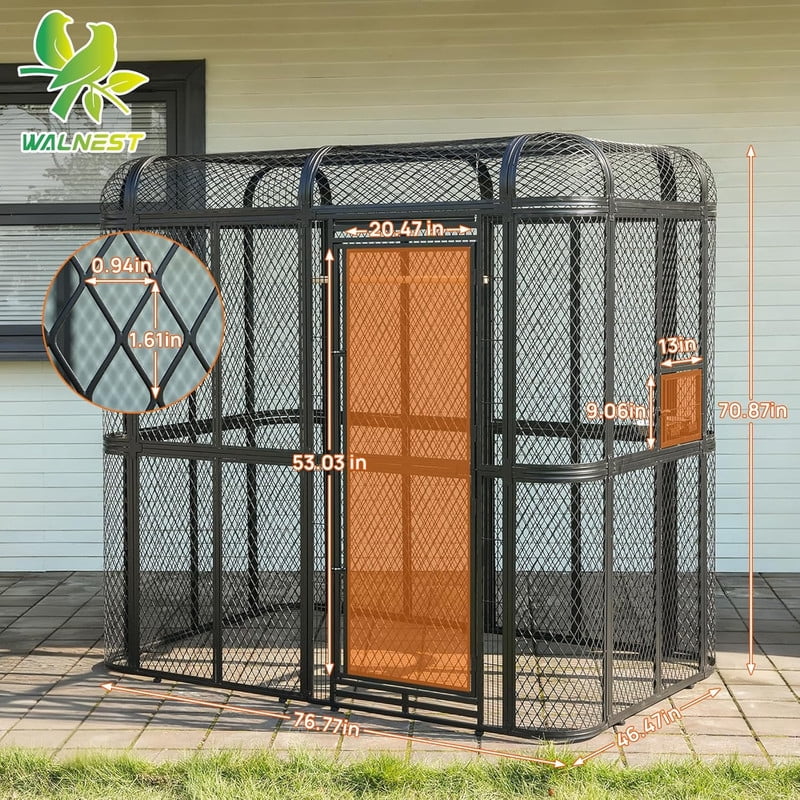 Walnest Large Walk-in Cage 77-inch Heavy Duty Bird Cage Outdoor Diamond Grid Aviary Parrot Cage with 2 Feeding Bowls Black
