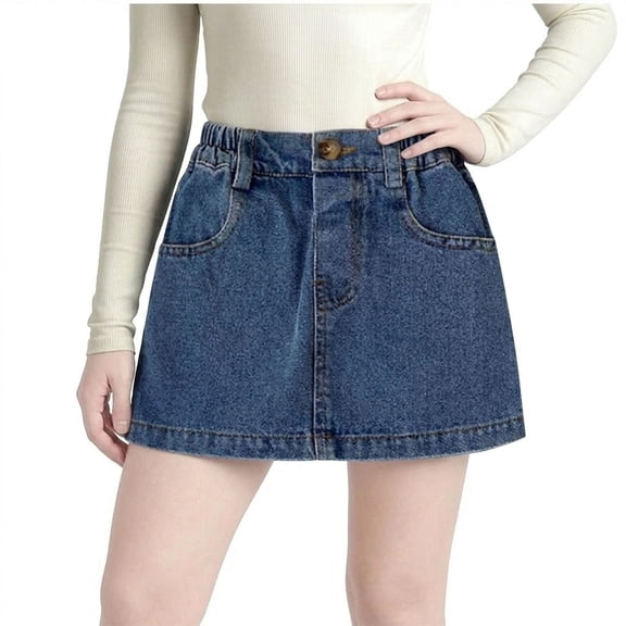Ruyang Teen Girls A Line Denim Skirts Summer Elastic Waist Half Body Western Style Jean Skirts Fashion Casual Versatile Skirts Y2K Streetwear